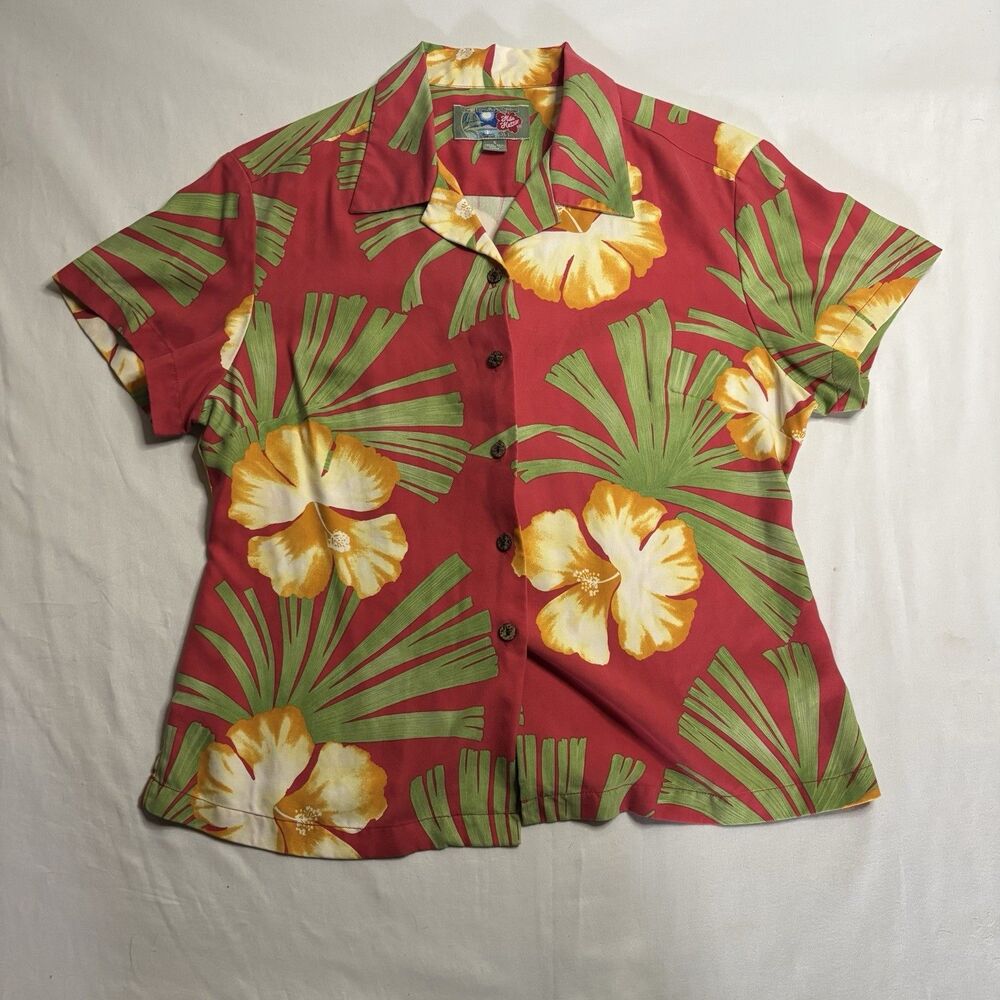 Hilo Hattie Red Tropical Hawaiian Silk Shirt Hibiscus Palm Print Size Small